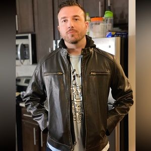 Guess Jeans Faux leather jacket with removable cloth hood